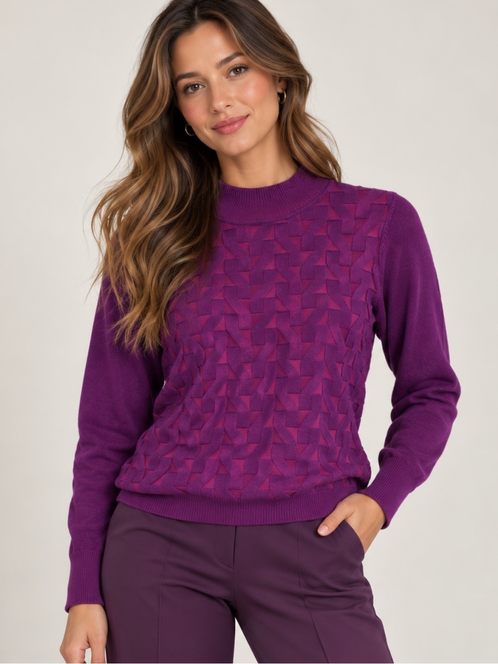 Vintage Purple Textured Knit Sweater Small Petite Geometric Retro Mod Y2K 70s